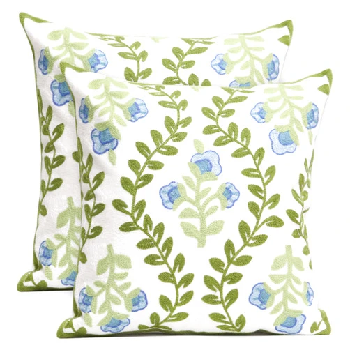 Pilmandu Set of 2 Embroidered Decorative Throw Pillow Covers Couch Square Pillowcases Cushion for Bedroom Sofa Farmhouse Decor 18x18 Inch (Blue Floral)