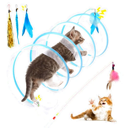 BUSOHA 5 in 1 Cat Tunnels for Indoor Cats, Assumption Cat Tunnel, Interactive Cat Wand Toy, Foldable Cat Spring Toy, Replacement Cat Feather Toy