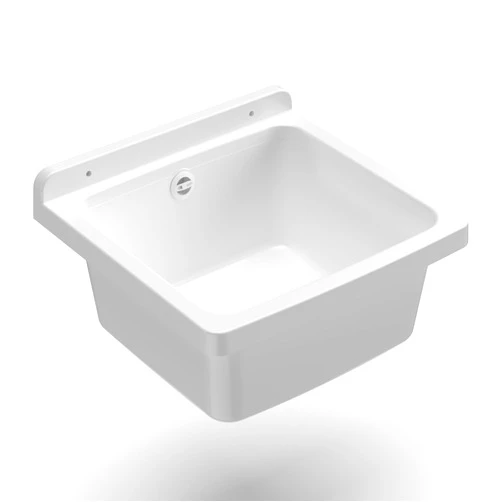 Adventa PP Resin Bath, Wall Mount, Compact, with Siphon and Drain, Acid Resistant for Common Use, Laundry, Garage, Outdoor, 40L x 40W x 19H cm, White