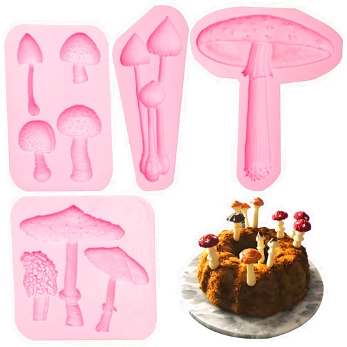 LCcakem 3D Mushroom Silicone Mold Set, 4 Pieces Mushroom Chocolate Fondant Mold Cake Decorating Molds, Pink, 4.92 x 4.41 inches