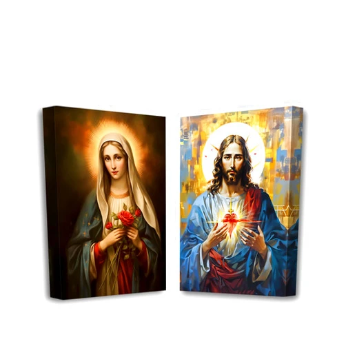 PBXBJY 2 Pieces Jesus and Virgin Mary Canvas Wall Art Sacred Heart Jesus and The Virgin Mary Pictures Christian Spiritual Painting Print Decor Frame (12x16inchx2Pcs)