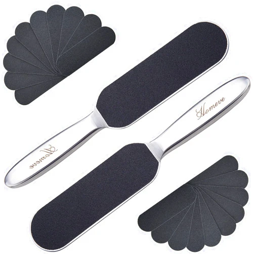 Homeve 2 Pieces Professional Pedicure Foot File - Reusable Stainless Steel Feet Rasp with 20 Replaceable Coarse-Fine Double Side Reusable Pads Cracked Skin Corns Callus Remover