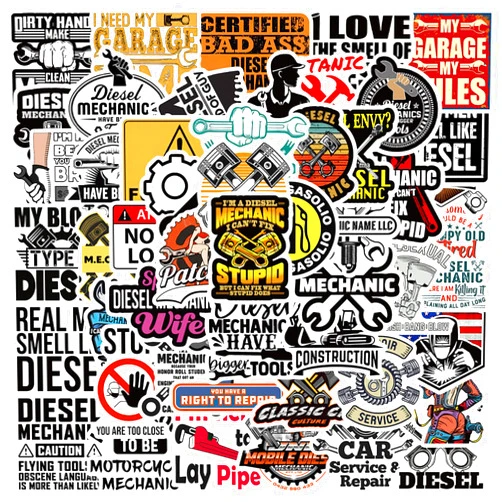 TNCDJKPA 50PCS Diesel Mechanic Stickers for Toolbox,Mechanic Tool Stickers for Water Bottles Helmet Worker Electrician Laptop Luggage Bicycle,Diesel Mechanic Stickers