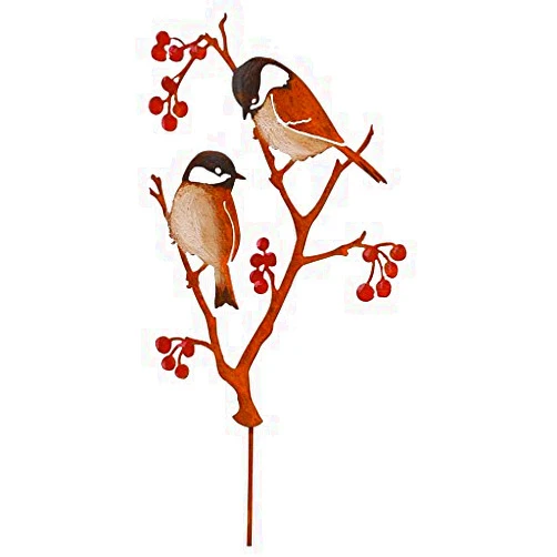 Elegant Garden Design Chickadees & Berries Garden Stake | Garden Art | Flower Pot Decor | Bird Lovers | Outdoor Art | Hand Painted | Metal Silhouette Birds