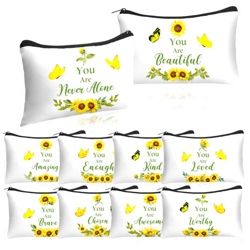 Hillban 10 Pcs Inspirational Gifts Bulk Cosmetic Bag for Women Thanksgiving Christmas Employee Appreciation Gifts, You Are Amazing Loved Green Leaves Makeup Bags(Sunflower)