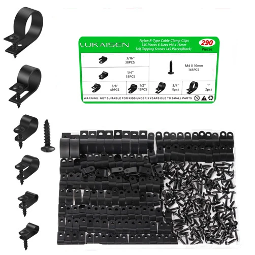 LuKaiSen Cable Clips for Cable Management Cord Organizer, 6 Sizes 300 PCS Nylon R-Type, 3/16'' 1/4'' 3/8'' 1/2'' 3/4'' 1'' Black Plastic Screw Mounting Cord Fastener Clamp Assortment Kit with M4 Screws