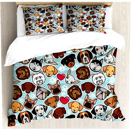 Ambesonne Dog Lover Duvet Cover Set, Canine Breeds Bulldog Chihuahua Siberians and Retriever Love Heart Paw Prints, Decorative 3 Piece Bedding Set with 2 Pillow Shams, California King, Pale Blue