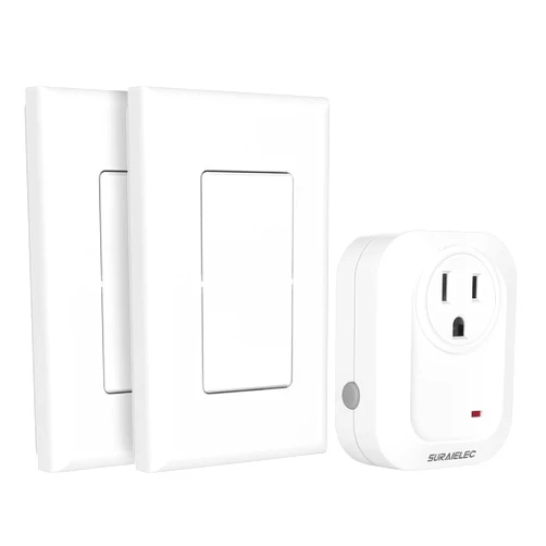 SURAIELEC Wireless Wall Switch Remote Control Outlet, No Wiring, 100ft RF Range, Pre-Programmed, Expandable Wireless Light Switches for Plug in Pendant Light, Lamp (2 Wall Switches and 1 Receiver)