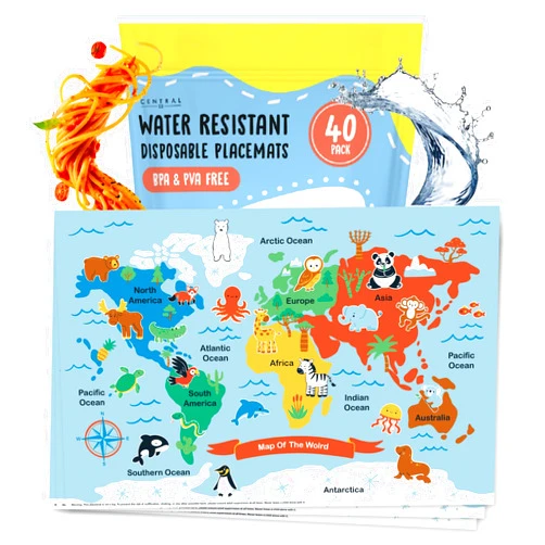 CENTRAL 23 Disposable Placemats for Kids - 40 Pcs Stick On Placemats - World Map - Baby Eating Essentials for Travel - Sticky Placemats Splat Mat High Chair Cover for Restaurant Dining Airplane - by Central 23