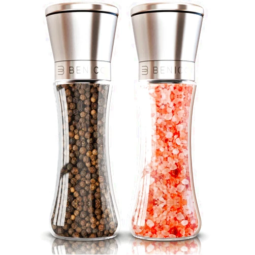 Benicci Premium Salt and Pepper Grinder Set of 2 - Two Refillable, Stainless Steel Sea & Spice Shakers with Adjustable Coarse Mills Easy Clean Ceramic Grinders w/BONUS Silicone Funnel Cleaning Brush