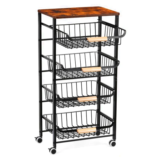 Nandae Kitchen Storage Rolling Cart on Wheels, 5 Tier Metal Rolling Utility Cart Mesh Basket Pantry Cart Rack with Wooden Tabletop for Fruit Vegetable Onion Potato Storage