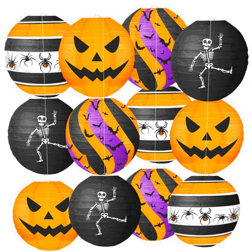 YIOTJUNL Halloween Paper Lanterns, 12 PCS Halloween Hanging Paper Lanterns, Orange Black Purple Spider Skeleton Bat Lanterns for Halloween Party Decorations Indoor Outdoor Spooky Home Decor
