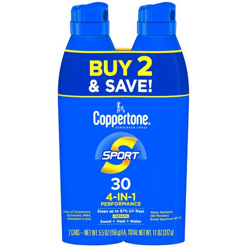 Coppertone Sport SPF 30 Sunscreen Spray, Body Sunscreen, Water Resistant Spray Sunscreen, 5.5 Oz, Pack of 2 (Packaging May Vary)
