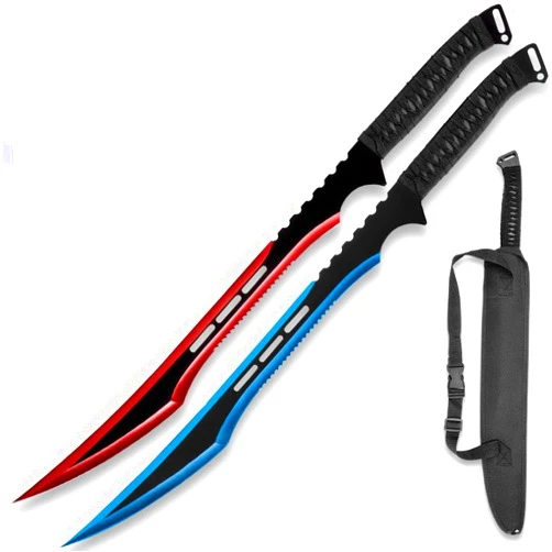 K EXCLUSIVE Fire and Ice Twin Sword Set with Black Nylon Double Sheath | Two Fantasy Swords | Fire with Red Accents | Ice with Blue Accents | 19 1/2” Stainless Steel Blades | Comfortable Rope-Wrapped Handles