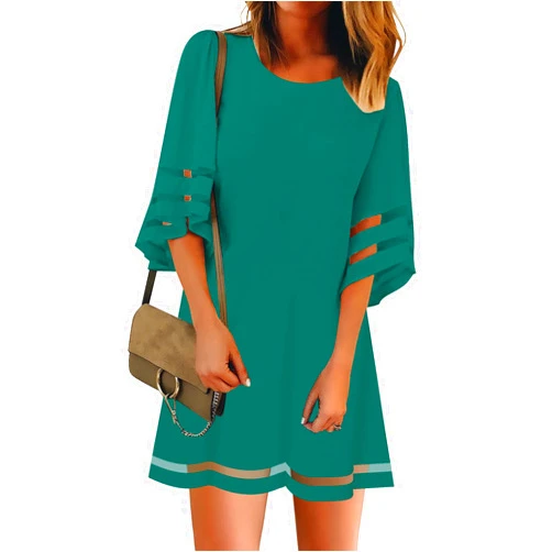 LookbookStore Women Casual Crewneck Mesh Panel 3/4 Bell Sleeve Loose Tunic Dress