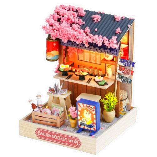 Kisoy Dollhouse Miniature with Furniture Kit, DIY 3D Wooden DIY House Kit with Dust Cover, Handmade Tiny House Toys for Teens Adults Gift (Sakura Noodles Shop)