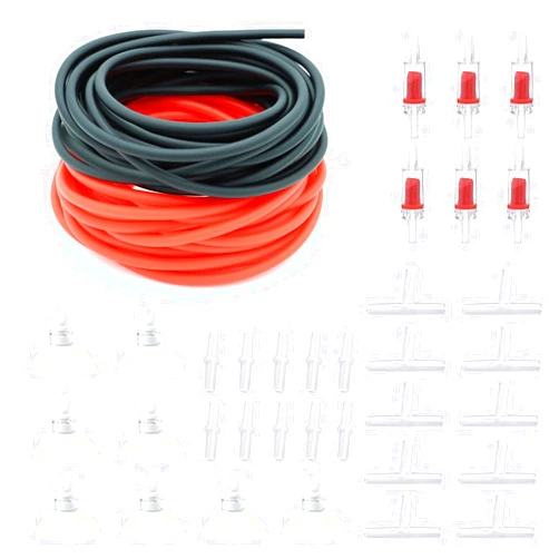 Pewyoke Aquarium Air Tubing with Check Valves, Control Valves, Connectors, Suction Cup Set - 2 Colors for Aquarium Fish Tanks (Black,Red Each with 25 ft.)