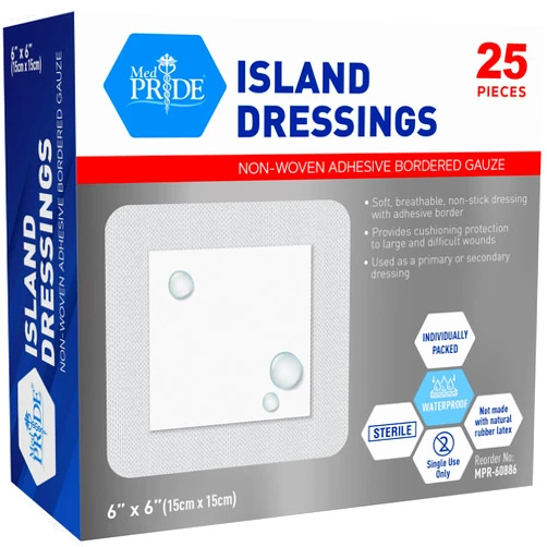 MED PRIDE Sterile Adhesive Gauze Pads 6x6 Island Dressing, 25 Individually Wrapped with Adhesive Borders, Highly Absorbent, Latex & Rubber-Free