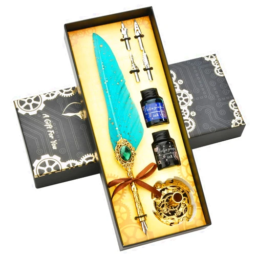 Hethrone Feather Pen and Ink Set - Quill Pen Set Includes Calligraphy Dip Pen, 2 Bottles Ink, Pen Holder and 4 Replacement Nibs for Writing Lovers (Green)
