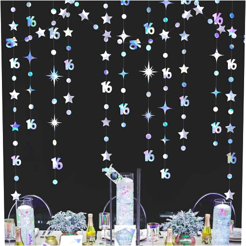 Pinkblume Iridescent Number 16 Circle Dot Twinkle Star Garland Kit Metallic Hanging Streamer Bunting Banner Backdrop Decorations for Girls 16th Birthday Sweet Sixteen Wedding Anniversary Bridal Shower Party