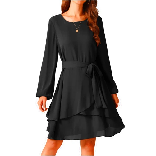 Seta T Women's Fall Dresses Round Neck Long Sleeve Waist Tie Ruffle Mini Swing Skater Dress