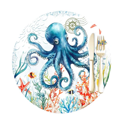 PUXTKE DAZQW Ocean Octopus Coral Starfish Round Placemat,PU Heat-Proof Table Mats Placemats Sea Monster Blue Underwater World Waterproof Table Mat for Indoor Outdoor Kitchen Dining Party,Set of 1,12