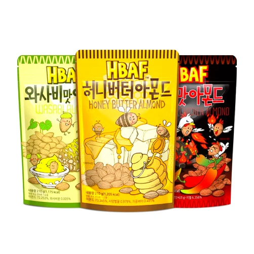 HBAF Official Gilim HBAF Brand Korean Seasoned Almonds 3 Flavor Pack Mix (1 Honey Butter, 1 x 210g, 1 Wasabi, 1 x 210g, 1 Hot and Spicy Chicken, 1 x 210g)