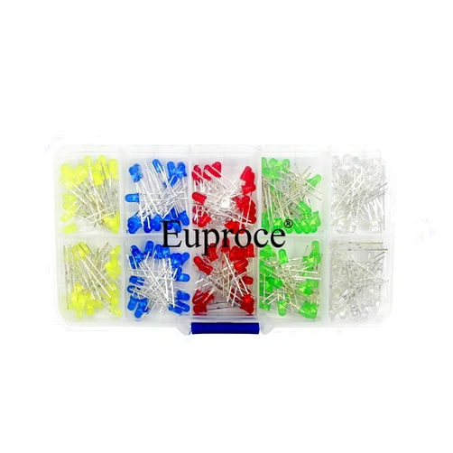 Euproce LED Lighting Fixtures, 200pcs 3mm and 5mm 5 Color LED Lights Emitting Diodes Assortment Set Kit for DIY, Arduino Project White Red Blue Green Yellow