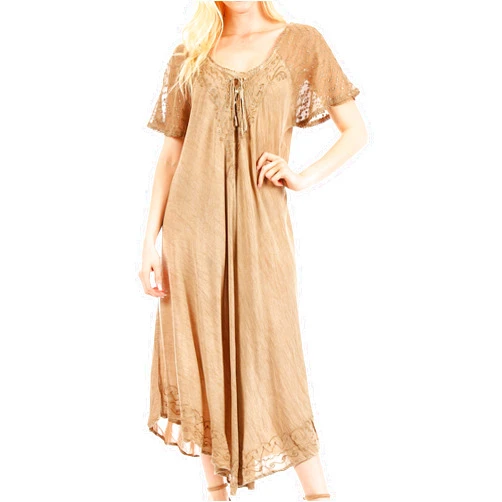 Sakkas Egan Long Embroidered Caftan Dress/Cover Up with Embroidered Cap Sleeves