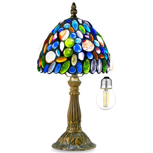 Nizrsky Small Tiffany Lamp Stained Glass Table Lamp Natural Shell and Amethyst,8 Inches Wide Lamp Shade Tiffany Style Night Light,15.7 Inches Tall Vintage Tiffany Lamp for Bedroom Bedside