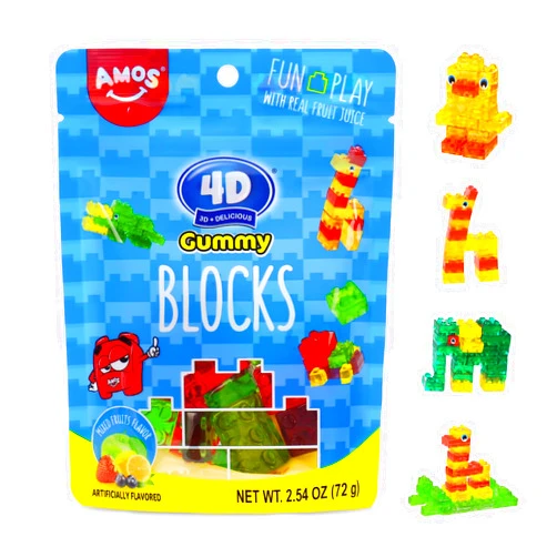AMOS 4D Gummy Blocks Candy Bricks, Edible Building Blocks, Themed Novelty Candy for Kids Birthday Party, Cupcake Topper, Resealable 2.54oz Bag (Pack of 12)