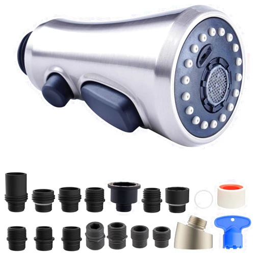 Hibbent Pull Down Spray Head for Kitchen Faucet, 3-Function Sink Spray Nozzle with 15 Adapters, Faucet Head Replacement Compatible with Moen, American Standard, Delta, Kohler Faucets, Brushed Nickel