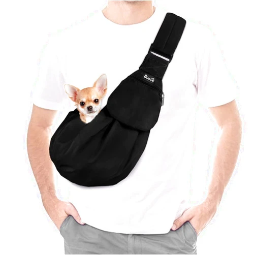 Lukovee Pet Sling, Hand Free Dog Sling Carrier Adjustable Padded Strap Tote Bag Breathable Cotton Shoulder Bag Front Pocket Safety Belt Carrying Small Dog Cat Puppy Machine Washable (Black, S)