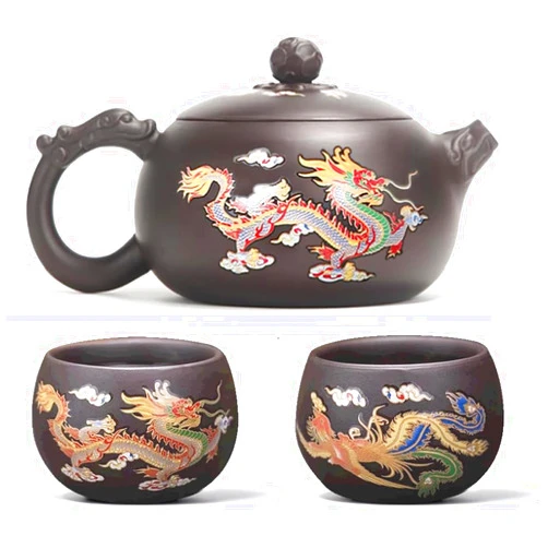Qijoys Hand-made Dragon and Phoenix Color-changing Purple Clay Teapot – Chinese Kung Fu Tea Set, Tea Lover’s Gift, Large Capacity (Teapot+2* Teacups)