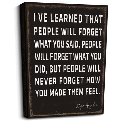 WOWGOOMO Retro Inspirational Canvas Wall Art Maya Angelou Quotes I've Learned That People Will Never Forget How You Made Them Feel Motivational Positive Painting Wall Decor for Home Office Framed Gift