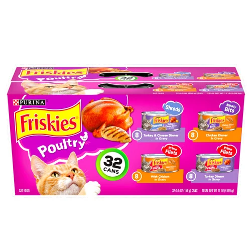 Purina Friskies Gravy Wet Cat Food Variety Pack, Poultry Shreds, Meaty Bits & Prime Filets - (32) 5.5 oz. Cans
