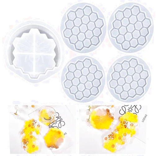 Generic Set of Four Honeycomb Coasters and Holder Silicone Molds | 11cm x 11cm | DIY Resin Coasters