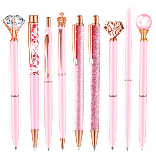 Janmini 9 Pcs Ballpoint Pens Set Metal Crystal Diamond Glitter Pens for Journaling Black Ink Pretty Cute Things Fancy Stationery Gifts for Women Girls Birthday Home Office Desk(Pink)