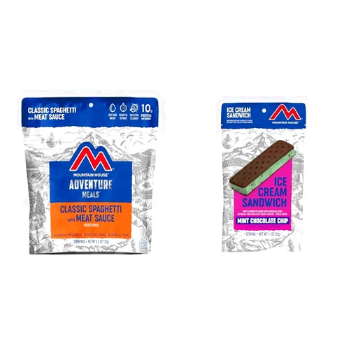 Mountain House Classic Spaghetti with Meat Sauce 2 Servings and Mint Chocolate Chip Ice Cream Sandwich 1 Serving Freeze Dried Backpacking & Camping Food