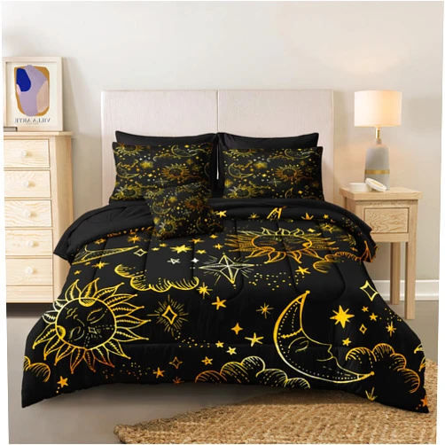 Merryword 8 Pieces Universe Bed in a Bag Sun and Moon Comforter Set Queen Size Galaxy Bedding Black Gold Moon Star Pattern Bohemian Gothic Comforter Set for Boys Girls Women