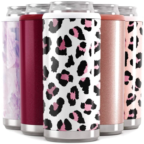Maars Drinkware Maars Skinny Can Cooler for Slim Beer & Hard Seltzer | Stainless Steel 12oz Sleeve, Double Wall Vacuum Insulated Drink Holder - White Leopard