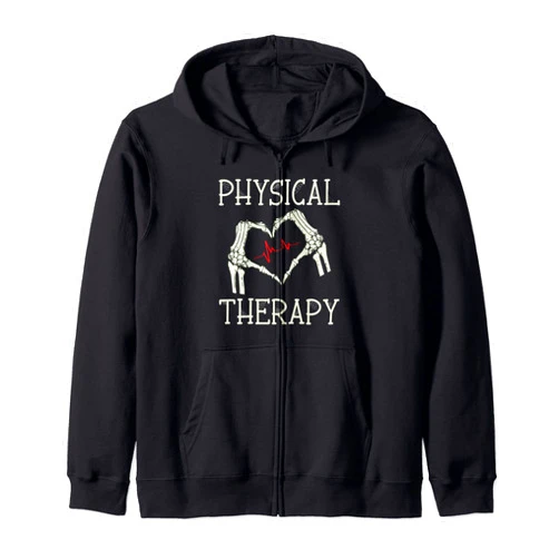 Funny Halloween Physical Therapy - DressedForDuty Physical Therapy Skeleton Hand Heartbeat Halloween PT Zip Hoodie