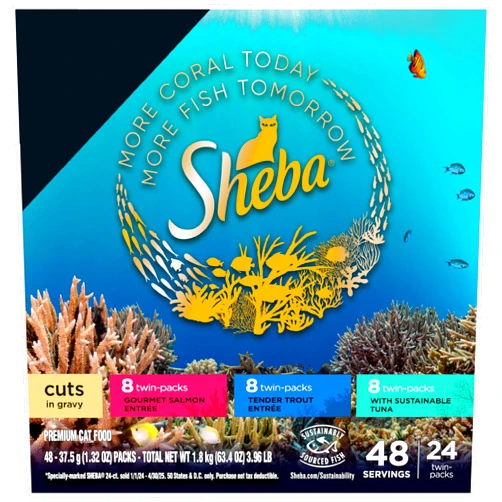 Sheba Perfect Portions Cuts in Gravy Wet Cat Food Trays (24 Count, 48 Servings), Salmon, Trout, and Sustainable Tuna Entrée Variety Pack, Easy Peel Twin-Pack Trays
