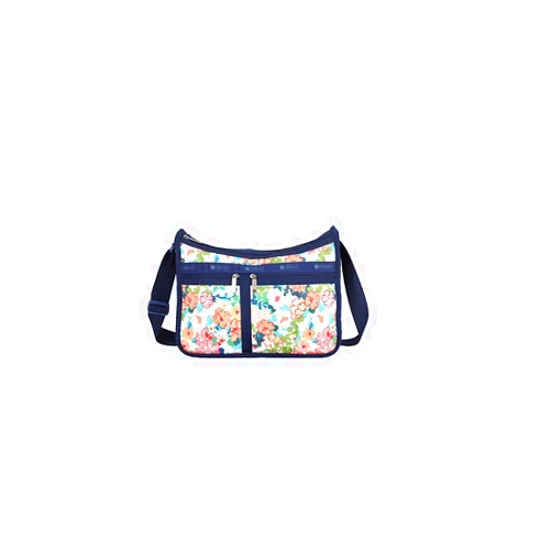 LeSportsac Colorful Garden Deluxe Everyday Crossbody Bag + Cosmetic Bag, Style 7507/Color E625, Vibrant & Festive Blooms Artfully Arranged, Tropical Hues of Pink, Peach, Yellow + Variegated Greenery