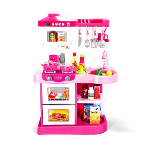 Temi Play Kitchen Playset Pretend Food - 53 PCS Pink Kitchen Toys for Toddlers, Toy Accessories Toddler Set w/Real Sounds and Light, Toddler Outdoor Playset for Kids, Girls & Boys