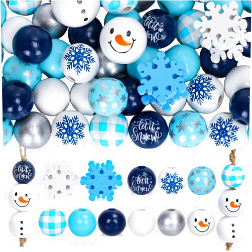 Whaline 210Pcs Blue Wooden Beads Winter Snowman Wood Beads with Hemp Rope Snowflakes Colorful Round Wood Craft Beads Farmhouse Rustic Tiered Tray Decor Garland for Xmas DIY Making 12 Styles