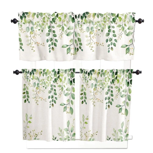 Yomandocix Sage Green Eucalyptus Leaves Kitchen Curtains and Valances Set, Rod Pocket Botanical Plant Tier Curtains 24 Inch Length, 3 Piece Vintage Beige Short Cafe Drapes Country Farmhouse Window Treatments Set