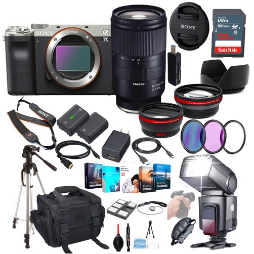 Sony a7C Mirrorless Camera Bundle (Silver)- ILCE7C/S with Tamron 28-75mm Lens + Prime Accessory Package Including 128GB Memory, TTL Flash, Extra Battery, Software Package, Auxiliary Lenses & More