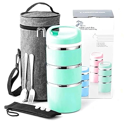 Lille Home Stackable Stainless Steel Thermal Compartment Lunch/Snack Box, 3-Tier Insulated Bento/Food Container with Lunch Bag, Cutlery Set and Three Extra Seals, 43OZ
