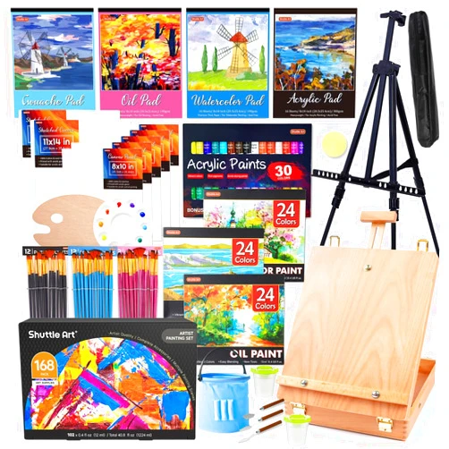 Shuttle Art 168 Pcs Artist Painting Set, Deluxe Art Set with Paint, Aluminum and Wooden Easels, Canvas, Paper Pads, Brushes and Other Art Supplies, Complete Painting Kit for Adults, Kids and Artists